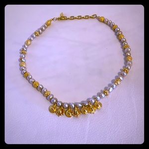 Gold and Pearl Necklace With Dangling Gold Charms
